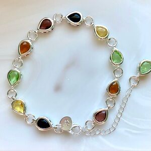 Multicolor Teardrop Sterling Silver Bracelet - Colorful Gem Accents